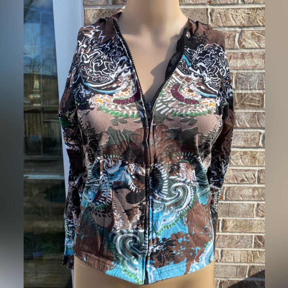 Cotton Brown & Turquoise Blue Paisley/Abstract Floral Zip Up Hoodie